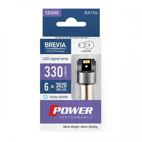 10101X2 BREVIA Лампа світлодіодна Brevia Power P21W 330Lm 6x3020SMD 12/24V CANbus, 2шт. 10101X2