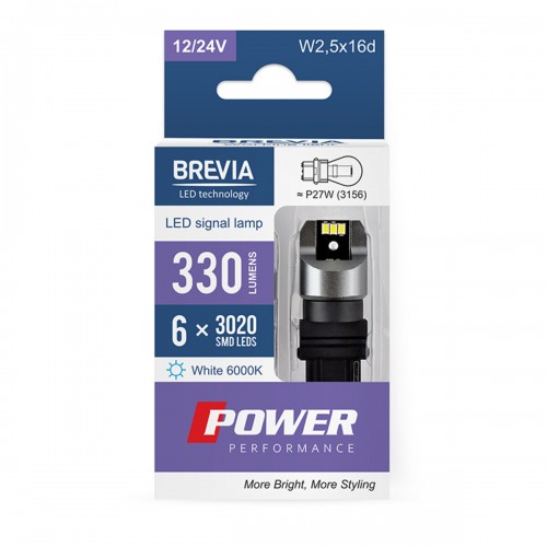 10138X2 BREVIA Лампа світлодіодна Brevia Power P27W (3156) 330Lm 6x3020SMD 12/24V CANbus, 2шт. 10138X2