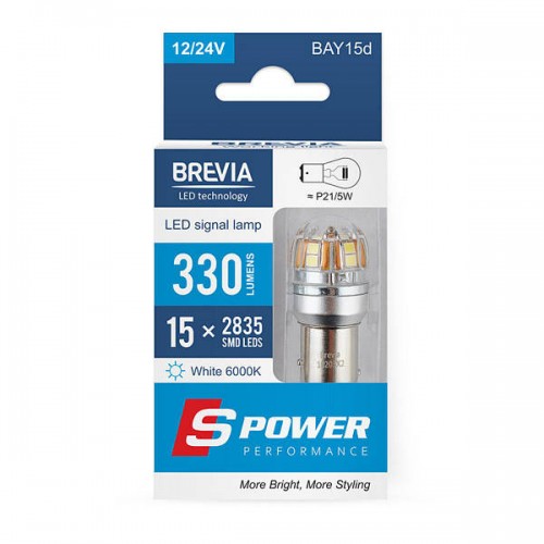 10203X2 BREVIA Лампа світлодіодна Brevia S-Power P21/5W 330Lm 15x2835SMD 12/24V CANbus, 2шт. 10203X2