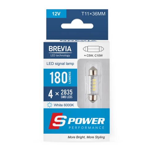 10214X2 BREVIA Лампа світлодіодна Brevia S-Power C5W (C10W) T11x36 180Lm 4x2835SMD 12V CANbus, 2шт. 10214X2
