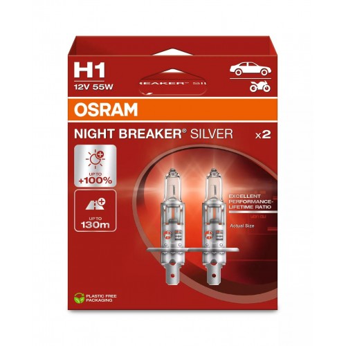 64150NBS-2HB OSRAM Лампа H1 12V 55W P14.5s NIGHT BREAKER SILVER +100% 64150NBS-2HB