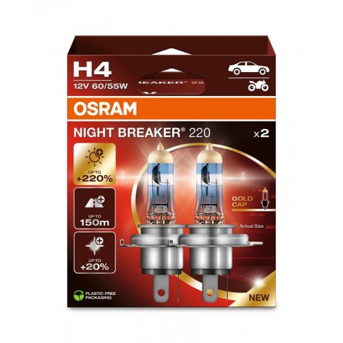 64193NB220-2HB OSRAM Лампа H4 60/55W 12V P43t NIGHT BREAKER +220% (2 шт.) 64193NB220-2HB