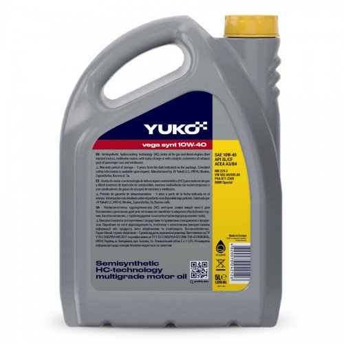 Олива моторна YUKO VEGA SYNT 10W-40 API SL/CF каністра 5л ПЕ