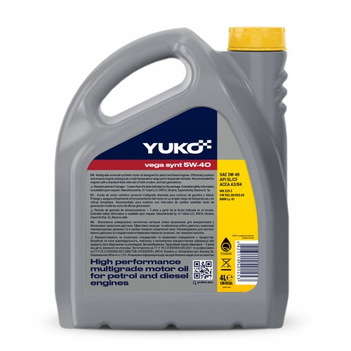 Олива моторна YUKO VEGA SYNT 5W-40 API SL/CF каністра 4л ПЕ