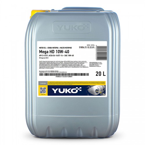 Олива моторна YUKO Mega HD 10W-40 API CI-4/CF, АСЕА Е4-16/Е7-16 17,5кг каністра 20л ПЕ 21322