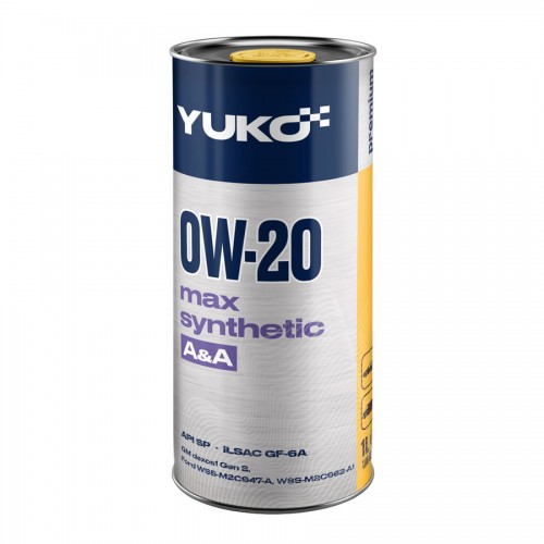 Олива моторна YUKO MAX SYNTHETIC A&A 0W-20 API SP каністра 1л жерсть