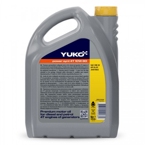 Олива моторна YUKO POWER SYNT 4Т 10W-30 API SL/CF, JASO MA2 каністра 5л ПЕ