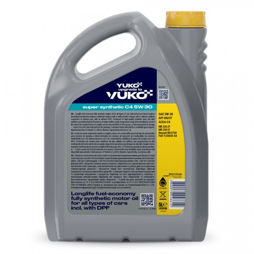Олива моторна VUKO SUPER SYNTHETIC С4 5W-30  API SN/CF, ACEA C4  каністра 5л ПЕ
